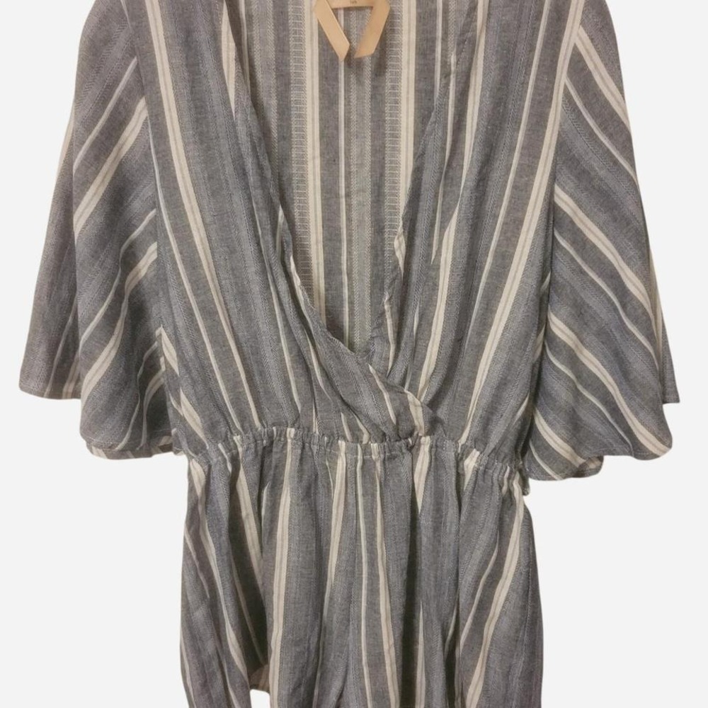 Ecru Lab linen Blue and‎ white striped step in romper with mock cross over front